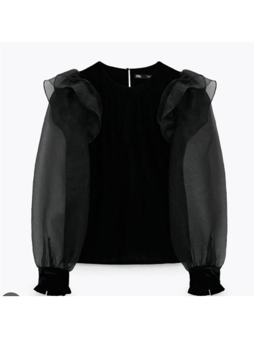 Zara Black Velvet Top with Sheer Organza Sleeves